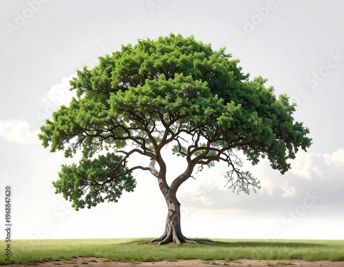 Solitary tree with a full green canopy stands on a grassy field beneath a bright, cloudy sky