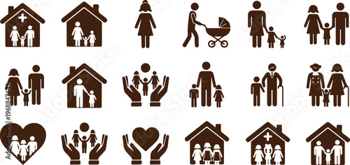 A collection of black and white icons depicting family and relationships