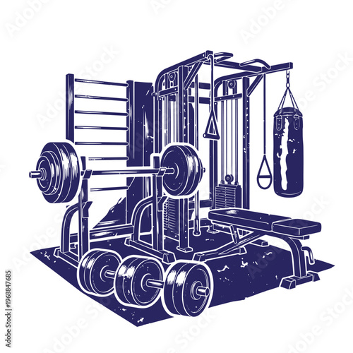 Dark blue silhouette of a gym workout station featuring a barbell rack weight bench heavy punching bag wall bars and multiple sets of iron plates on a white background