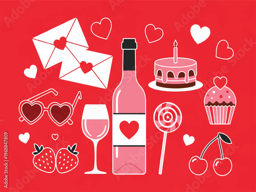 Valentines Day symbols and objects including wine bottle and glass cake cupcake lollipop hearts strawberries cherries and letters  romantic festive icons