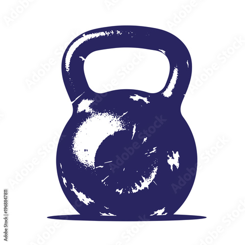 Dark blue silhouette of a heavy iron kettlebell with a distressed grunge texture isolated on a white background for fitness and strength training concepts