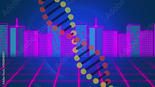 Animation of dna strand over digital city
