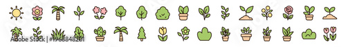 A charming collection of cute flat line plant icons including trees, flowers, leaves, cactus, and potted plants. Perfect for gardening themes, eco design, apps, and nature related projects.