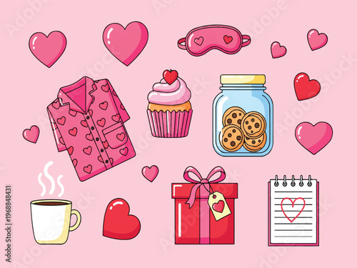 Valentines Day themed icons and objects on pink background  hearts gifts cookies cupcake coffee pajamas sleep mask notebook