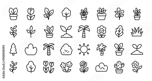 A charming collection of cute flat line plant icons including trees, flowers, leaves, cactus, and potted plants. Perfect for gardening themes, eco design, apps, and nature related projects.