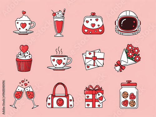 Valentines Day themed icons and objects on pink background  hearts gifts flowers cupcakes
