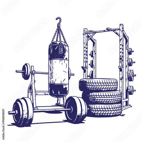 Ink of a gym interior featuring a hanging punching bag a metal squat rack with weight plates and a stack of heavy rubber tires for strength training and fitness workouts