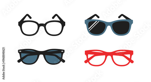 Four pairs of sunglasses in various styles and colors are displayed on a white background