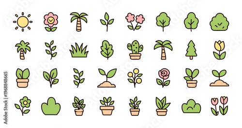 A charming collection of cute flat line plant icons including trees, flowers, leaves, cactus, and potted plants. Perfect for gardening themes, eco design, apps, and nature related projects.