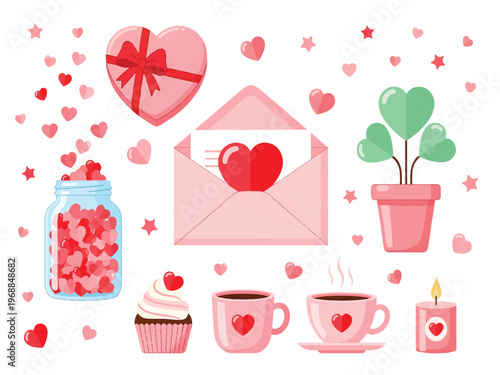 Valentines Day themed icons and objects with hearts and love symbols  hearts stars gift envelope plant candle coffee cups cupcake jar