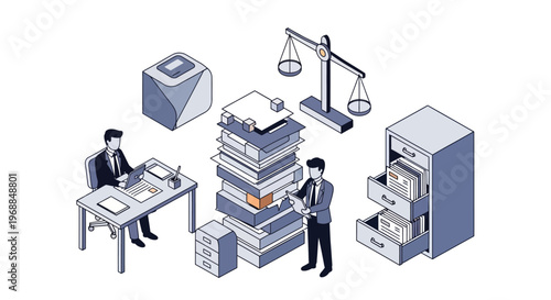 Business professionals working with legal documents and files.