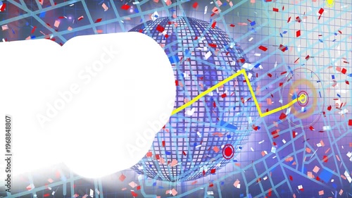 Animation of abstract pattern and falling confetti over disco ball and navigation pattern
