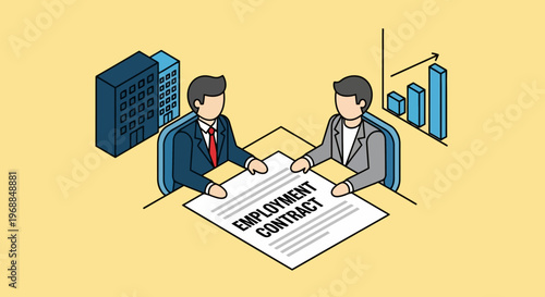 Two businessmen signing employment contract at table with charts.