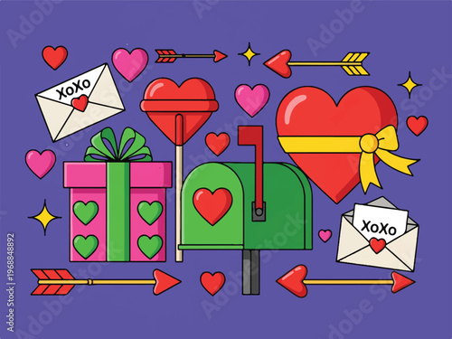 Valentines Day themed mail elements with hearts and gifts on purple background