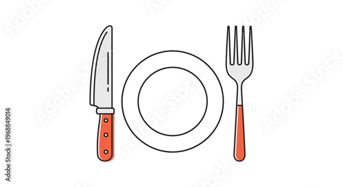 Empty White Dinner Plate with Metal Knife and Fork, Isolated White Background
