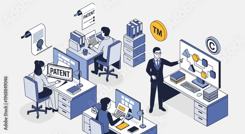 Business professionals working in an office environment developing intellectual property.