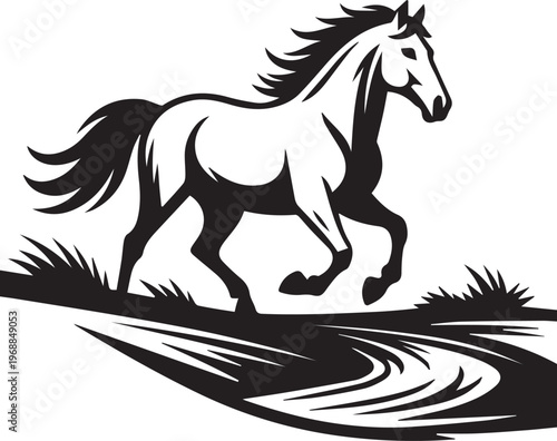 Powerful Horse Vector in Black and White Detailed Line Art Illustration