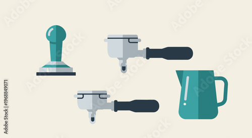 Coffee Tamper, Portafilters, and Milk Jug for Espresso Preparation in Bright Studio