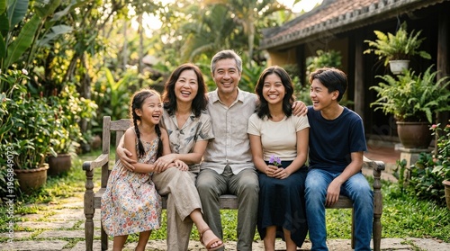 Family photo, asian, vietnamese, family, children, smiling, teenage, daughter, son, photorealistic lifestyle scene, realistic textures, cinematic light, balanced composition, refined professional