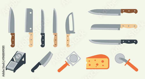 Kitchen Knife Set, Grater, Can Opener, Cheese, and Pizza Cutter for Cooking in Bright Studio