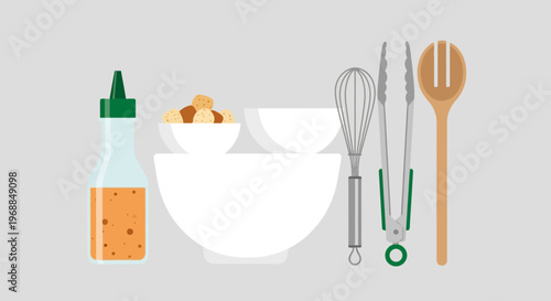 Bowl with Ingredients, Cooking Oil, Whisk, Tongs, and Spoon for Food Preparation in Bright Studio