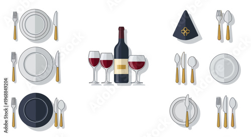 Elegant Formal Table Setting with Plates, Cutlery, and Wine on Light Green Background