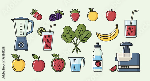 Fresh Healthy Fruits, Vegetables and Juicing Equipment Set on Light Green Background