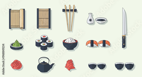 Traditional Japanese Sushi Cuisine and Tea Ceremony Set on Light Green Background