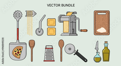 Traditional Italian Pasta Making and Pizza Preparation Tools Set on Light Green Background