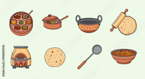 Authentic Indian Cooking Pots and Flatbread Preparation Tools on Light Green Background