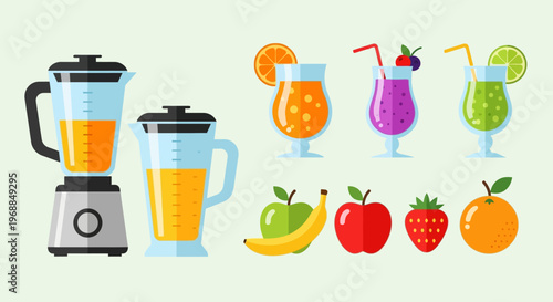 Fresh Fruit Juice Drinks and Blenders for Healthy Beverages on Light Green Background