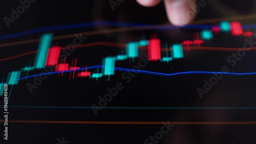 Close-up Person Analyzing Stock Market Graph on Digital Tablet Touch Screen. Businessman Checking Stock Market Data. Hand Gesture on Digital Tablet for Analyzing Stock Market. Forex Crypto Currency.