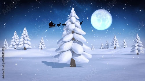 Animation of santa claus in sleigh with reindeer over winter scenery