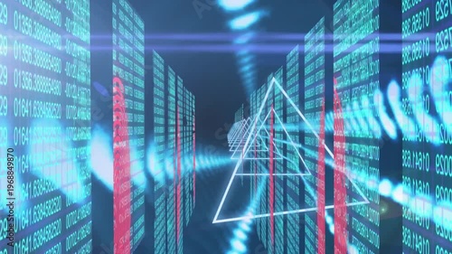 Animation of neon triangle shapes in seamless pattern against binary coding against blue background