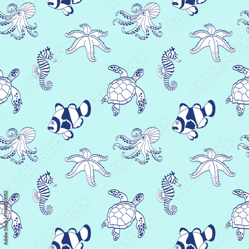 Vector Hand drawn illustration blue colour of summer,coastal,Graphic elements. seamless patterns for fabric, textiles, clothing, wrapping paper, backdrop, banner, illustration, abstract backgrounds.
