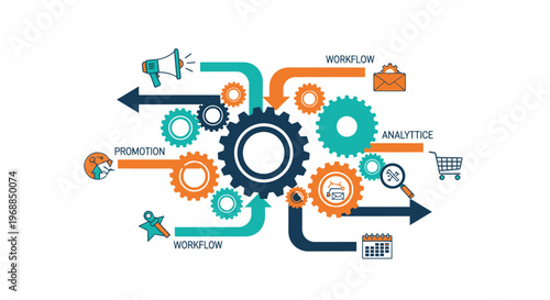 A colorful infographic illustrating business workflow and analytics processes