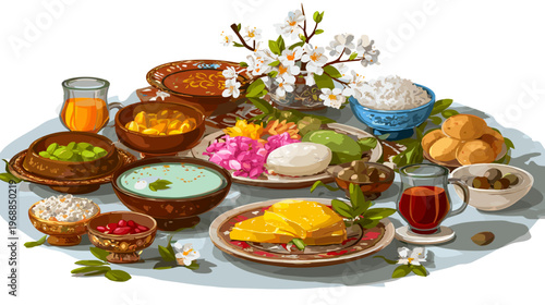 International Day of Nowruz Persian Spring Festival Table — Cultural Ceremony Celebration Vector