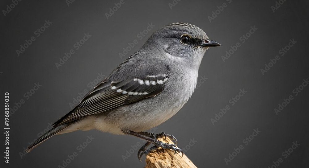 Obraz premium Close up of a small grey bird perched on a branch against a dark background