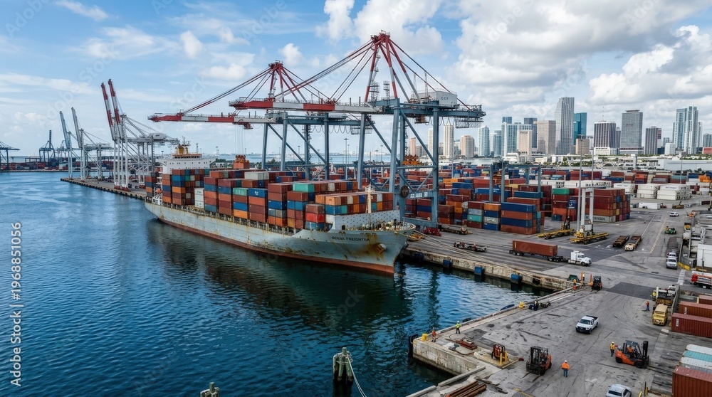 Fototapeta premium Cargo ship at Miami harbor, industrial maritime harbor scene with documentary realism, stacked containers, gantry cranes, and industrial dock infrastructure, deep blue harbor water and precise