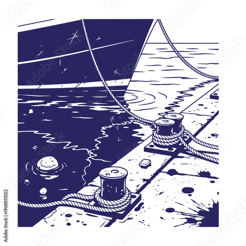 Blue and white ink of a ship hull moored to a concrete pier with heavy ropes wrapped around metal bollards at a harbor dockside