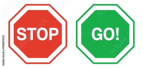 Stop sign and go sign, vector illustration, traffic light symbols, red stop green go icons, road regulation signs, navigation elements, flat design
