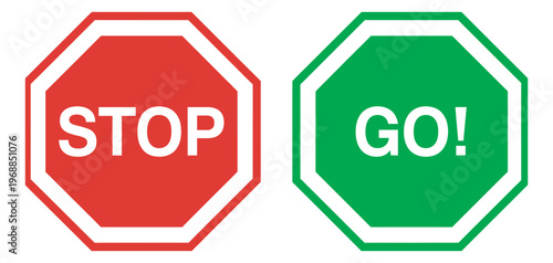Stop sign and go sign, vector illustration, traffic light symbols, red stop green go icons, road regulation signs, navigation elements, flat design