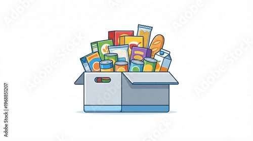Donation box full of food and groceries, cardboard box with canned goods and pantry supplies, charity food drive illustration on white background
