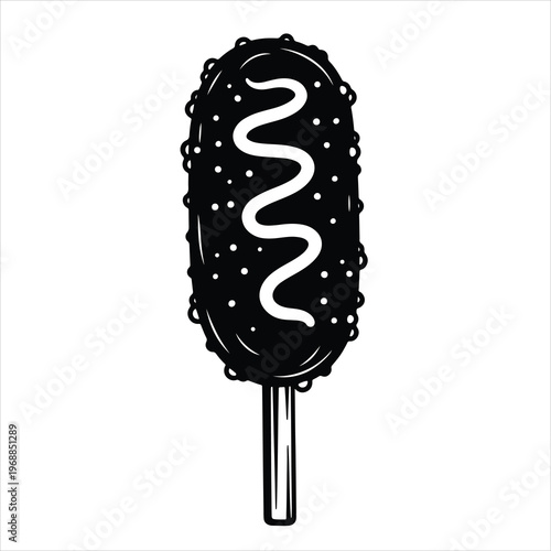 Hand-drawn Korean street food icon. Textured corn dog with potato crust and sauce squiggle, isolated on white.