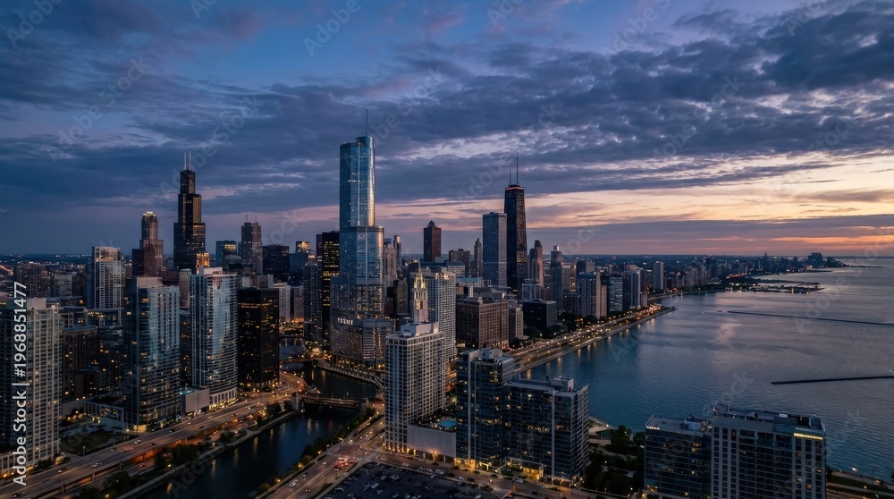 Fototapeta premium Chicago skyline panorama aerial view, expansive urban skyline after dark, Lake Michigan opening beside the downtown core, clean modern towers catching changing sky tones, featuring chicago,