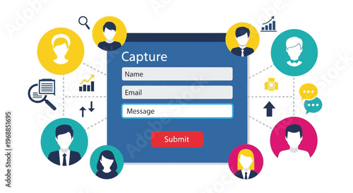 A graphic illustration of a contact form surrounded by diverse people icons and data visualization symbols on a white background