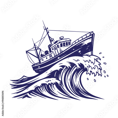 Dark blue ink of a fishing trawler boat riding a large cresting ocean wave with spray and foam isolated on a white background