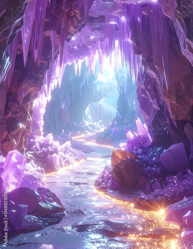 Crystal cave with glowing water. Stalactites hang overhead. Soft purple and blue light illuminates the path