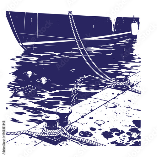 Dark blue ink of a large ship hull moored to a concrete dock with thick nautical ropes wrapped around heavy metal bollards on a calm harbor water surface