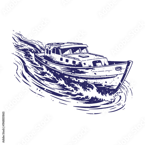 Dark blue ink of a motorboat moving through choppy water with a distressed texture effect on a white background showing a cabin cruiser vessel navigating waves with motion lines